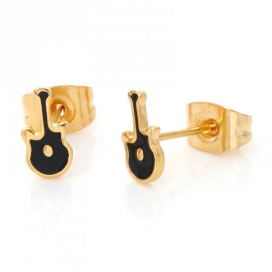 Picture of 1 Pair Vacuum Plating 316 Stainless Steel Stylish Ear Post Stud Earrings Gold Plated Black Guitar Musical Instrument Enamel 7.9mm x 4mm, Post/ Wire Size: (21 gauge)