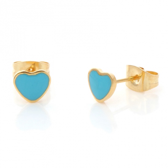 Picture of 1 Pair Vacuum Plating 316 Stainless Steel Valentine's Day Ear Post Stud Earrings Gold Plated Blue Heart Enamel 6.4mm x 5.6mm, Post/ Wire Size: (21 gauge)