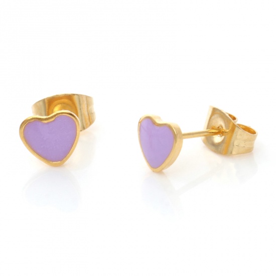 Picture of 1 Pair Vacuum Plating 316 Stainless Steel Valentine's Day Ear Post Stud Earrings Gold Plated Purple Heart Enamel 6.4mm x 5.6mm, Post/ Wire Size: (21 gauge)