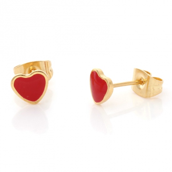 Picture of 1 Pair Vacuum Plating 316 Stainless Steel Valentine's Day Ear Post Stud Earrings Gold Plated Red Heart Enamel 6.4mm x 5.6mm, Post/ Wire Size: (21 gauge)
