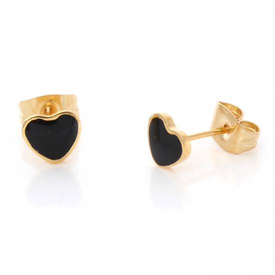 Picture of 1 Pair Vacuum Plating 316 Stainless Steel Valentine's Day Ear Post Stud Earrings Gold Plated Black Heart Enamel 6.4mm x 5.6mm, Post/ Wire Size: (21 gauge)