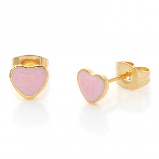 Picture of 1 Pair Vacuum Plating 316 Stainless Steel Valentine's Day Ear Post Stud Earrings Gold Plated Light Pink Heart Enamel 6.4mm x 5.6mm, Post/ Wire Size: (21 gauge)