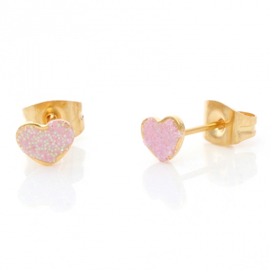 Picture of 1 Pair Vacuum Plating 316 Stainless Steel Valentine's Day Ear Post Stud Earrings Gold Plated Light Pink Glitter Heart Enamel 5.8mm x 4.5mm, Post/ Wire Size: (21 gauge)