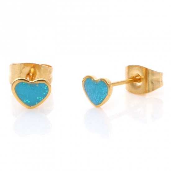 Picture of 1 Pair Vacuum Plating 316 Stainless Steel Valentine's Day Ear Post Stud Earrings Gold Plated Blue Glitter Heart Enamel 5.8mm x 4.5mm, Post/ Wire Size: (21 gauge)