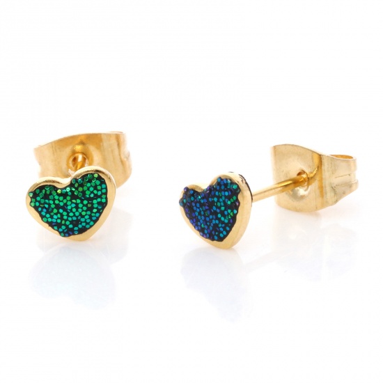 Picture of 1 Pair Vacuum Plating 316 Stainless Steel Valentine's Day Ear Post Stud Earrings Gold Plated Green Glitter Heart Enamel 5.8mm x 4.5mm, Post/ Wire Size: (21 gauge)