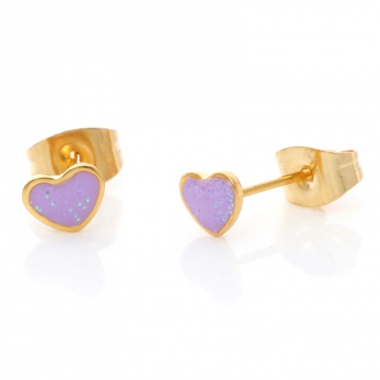 Picture of 1 Pair Vacuum Plating 316 Stainless Steel Valentine's Day Ear Post Stud Earrings Gold Plated Purple Glitter Heart Enamel 5.8mm x 4.5mm, Post/ Wire Size: (21 gauge)