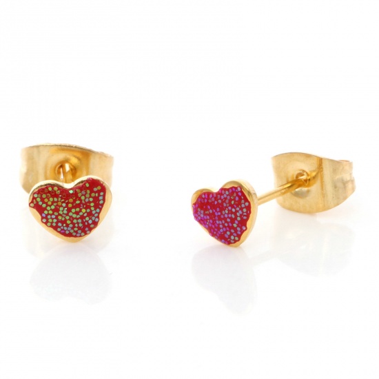 Picture of 1 Pair Vacuum Plating 316 Stainless Steel Valentine's Day Ear Post Stud Earrings Gold Plated Red Glitter Heart Enamel 5.8mm x 4.5mm, Post/ Wire Size: (21 gauge)