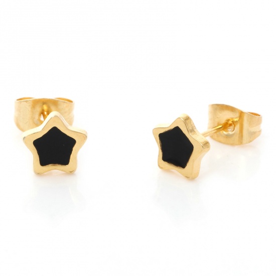 Picture of 1 Pair Vacuum Plating 316 Stainless Steel Stylish Ear Post Stud Earrings Gold Plated Black Pentagram Star Enamel 6.5mm Dia., Post/ Wire Size: (21 gauge)