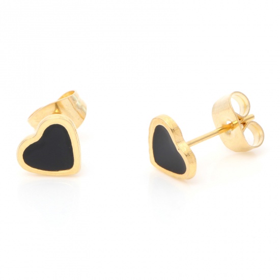 Picture of 1 Pair Vacuum Plating 316 Stainless Steel Stylish Ear Post Stud Earrings Gold Plated Black Heart Enamel 7mm Dia., Post/ Wire Size: (21 gauge)
