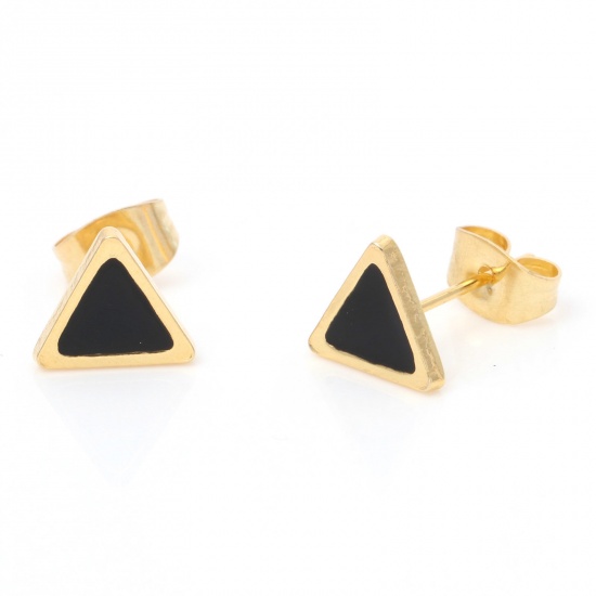 Picture of 1 Pair Vacuum Plating 316 Stainless Steel Stylish Ear Post Stud Earrings Gold Plated Black Triangle Enamel 7.7mm x 7.7mm, Post/ Wire Size: (21 gauge)