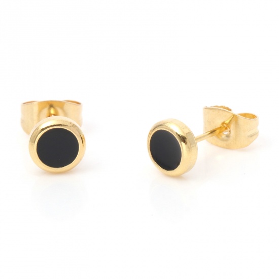 Picture of 1 Pair Vacuum Plating 316 Stainless Steel Stylish Ear Post Stud Earrings Gold Plated Black Round Enamel 6mm Dia., Post/ Wire Size: (21 gauge)