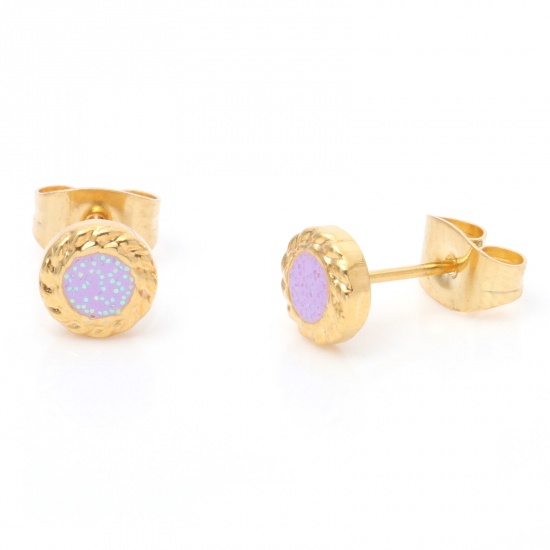 Immagine di 1 Paio Placcatura Sottovuoto 316 Acciaio inossidabile Elegante Orecchini a Perno Oro Placcato Colore Viola Brillio Tondo Smalto 6mm Dia., Posta / Filo Dimensione: (21 misura)