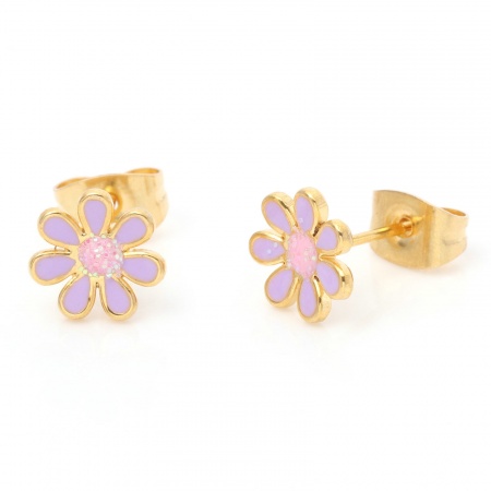 Picture of 316 Stainless Steel Stylish Ear Post Stud Earrings Gold Plated Multicolor Glitter Flower Enamel 6mm Dia.