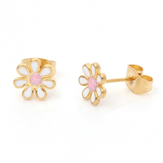 Picture of 1 Pair Vacuum Plating 316 Stainless Steel Stylish Ear Post Stud Earrings Gold Plated White Glitter Flower Enamel 6mm Dia., Post/ Wire Size: (21 gauge)