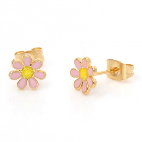 Picture of 1 Pair Vacuum Plating 316 Stainless Steel Stylish Ear Post Stud Earrings Gold Plated Light Pink Glitter Flower Enamel 6mm Dia., Post/ Wire Size: (21 gauge)