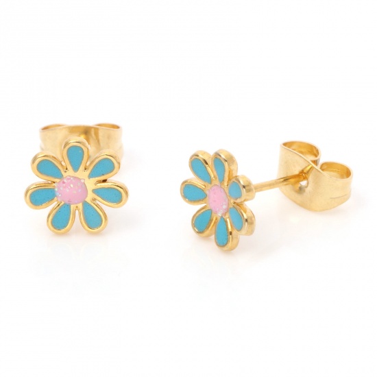 Picture of 1 Pair Vacuum Plating 316 Stainless Steel Stylish Ear Post Stud Earrings Gold Plated Lake Blue Glitter Flower Enamel 6mm Dia., Post/ Wire Size: (21 gauge)