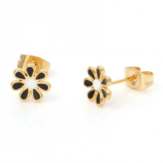 Picture of 1 Pair Vacuum Plating 316 Stainless Steel Stylish Ear Post Stud Earrings Gold Plated Black Glitter Flower Enamel 6mm Dia., Post/ Wire Size: (21 gauge)