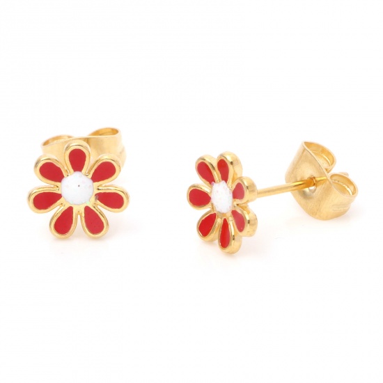 Picture of 1 Pair Vacuum Plating 316 Stainless Steel Stylish Ear Post Stud Earrings Gold Plated Red Glitter Flower Enamel 6mm Dia., Post/ Wire Size: (21 gauge)