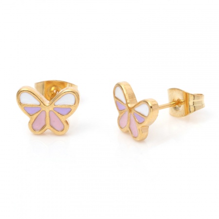 Picture of 316 Stainless Steel Insect Ear Post Stud Earrings Gold Plated Multicolor Butterfly Animal Enamel 9.5mm x 7mm