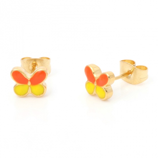 Image de 1 Paire Boucles d'Oreilles Puces en 316 Acier Inoxydable Placage sous Vide Insecte Doré Orange Papillon Émail 7.2mm x 6mm , Epaisseur de Fil: (21 gauge)