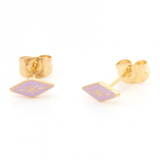 Imagen de 1 Par Enchapado al Vacío 316 Acero Inoxidable Elegante Pendientes Chapado en Oro Púrpura Diamond Esmalte 8.3mm x 3.8mm, Post/ Wire Size: (21 gauge)