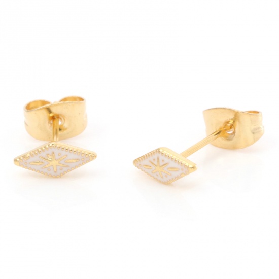 Imagen de 1 Par Enchapado al Vacío 316 Acero Inoxidable Elegante Pendientes Chapado en Oro Blanco Diamond Esmalte 8.3mm x 3.8mm, Post/ Wire Size: (21 gauge)