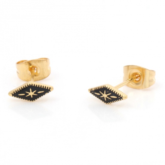 Imagen de 1 Par Enchapado al Vacío 316 Acero Inoxidable Elegante Pendientes Chapado en Oro Negro Diamond Esmalte 8.3mm x 3.8mm, Post/ Wire Size: (21 gauge)