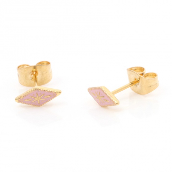 Imagen de 1 Par Enchapado al Vacío 316 Acero Inoxidable Elegante Pendientes Chapado en Oro Color rosa Diamond Esmalte 8.3mm x 3.8mm, Post/ Wire Size: (21 gauge)