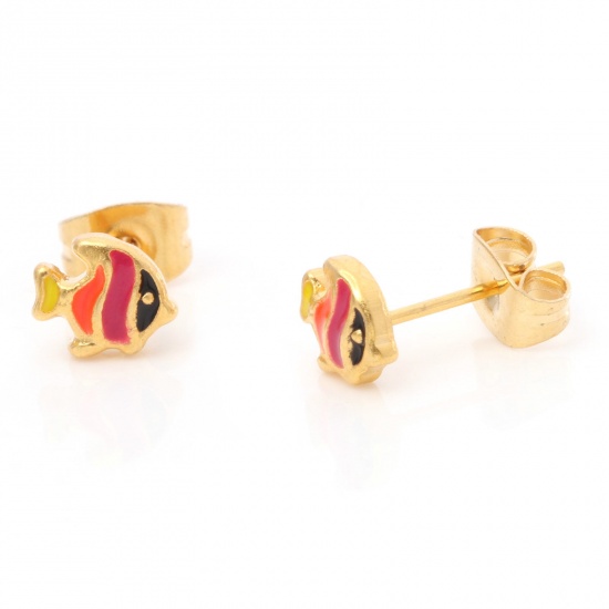 Picture of 1 Pair Vacuum Plating 316 Stainless Steel Stylish Ear Post Stud Earrings Gold Plated Multicolor Fish Animal Enamel 7mm x 5.8mm, Post/ Wire Size: (21 gauge)