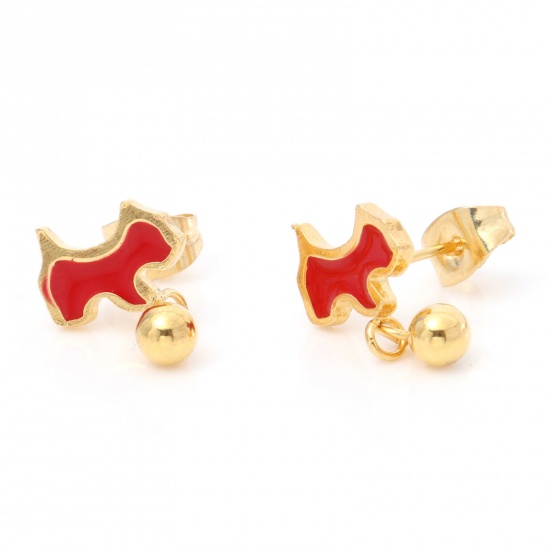 Picture of 1 Pair Vacuum Plating 316 Stainless Steel Stylish Ear Post Stud Earrings Gold Plated Red Dog Animal Enamel 10mm x 5mm, Post/ Wire Size: (21 gauge)