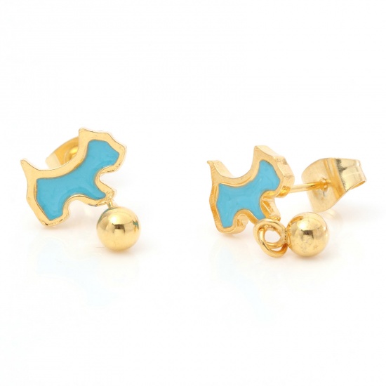 Picture of 1 Pair Vacuum Plating 316 Stainless Steel Stylish Ear Post Stud Earrings Gold Plated Skyblue Dog Animal Enamel 10mm x 5mm, Post/ Wire Size: (21 gauge)