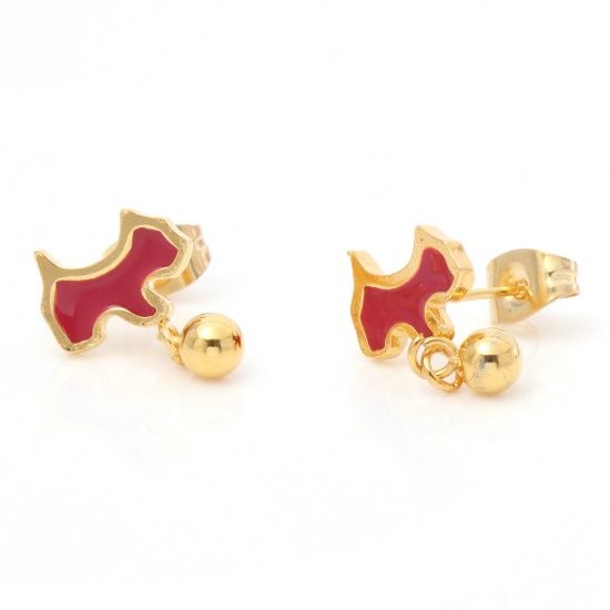 Picture of 1 Pair Vacuum Plating 316 Stainless Steel Stylish Ear Post Stud Earrings Gold Plated Fuchsia Dog Animal Enamel 10mm x 5mm, Post/ Wire Size: (21 gauge)