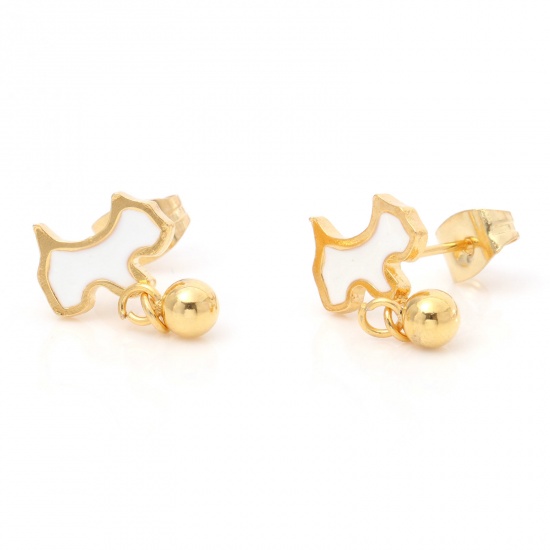 Picture of 1 Pair Vacuum Plating 316 Stainless Steel Stylish Ear Post Stud Earrings Gold Plated White Dog Animal Enamel 10mm x 5mm, Post/ Wire Size: (21 gauge)