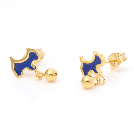 Picture of 1 Pair Vacuum Plating 316 Stainless Steel Stylish Ear Post Stud Earrings Gold Plated Dark Blue Dog Animal Enamel 10mm x 5mm, Post/ Wire Size: (21 gauge)