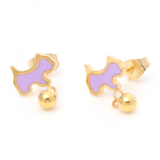 Picture of 1 Pair Vacuum Plating 316 Stainless Steel Stylish Ear Post Stud Earrings Gold Plated Purple Dog Animal Enamel 10mm x 5mm, Post/ Wire Size: (21 gauge)