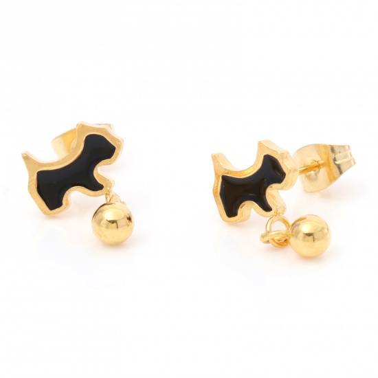 Picture of 1 Pair Vacuum Plating 316 Stainless Steel Stylish Ear Post Stud Earrings Gold Plated Black Dog Animal Enamel 10mm x 5mm, Post/ Wire Size: (21 gauge)