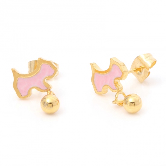 Picture of 1 Pair Vacuum Plating 316 Stainless Steel Stylish Ear Post Stud Earrings Gold Plated Light Pink Dog Animal Enamel 10mm x 5mm, Post/ Wire Size: (21 gauge)