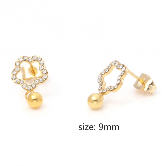 Image de 1 Paire Boucles d'Oreilles Puces en 316 Acier Inoxydable Placage sous Vide Élégant Doré Fleurs à Strass Transparent 9mm Dia., Epaisseur de Fil: (21 gauge)