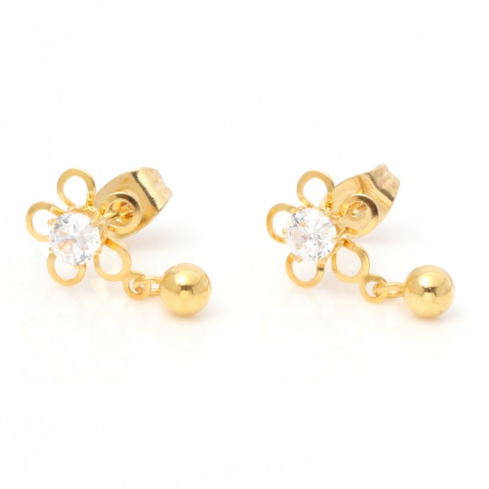 Image de 1 Paire Boucles d'Oreilles Puces en 316 Acier Inoxydable Placage sous Vide Élégant Doré Fleurs à Strass Transparent 8.5mm Dia., Epaisseur de Fil: (21 gauge)