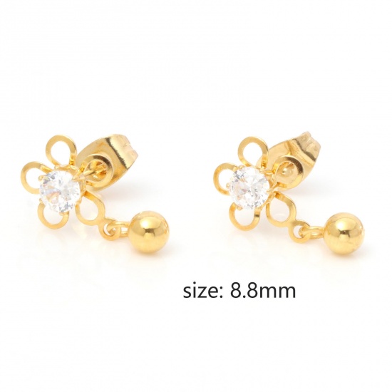 Image de 1 Paire Boucles d'Oreilles Puces en 316 Acier Inoxydable Placage sous Vide Élégant Doré Fleurs à Strass Transparent 8.5mm Dia., Epaisseur de Fil: (21 gauge)