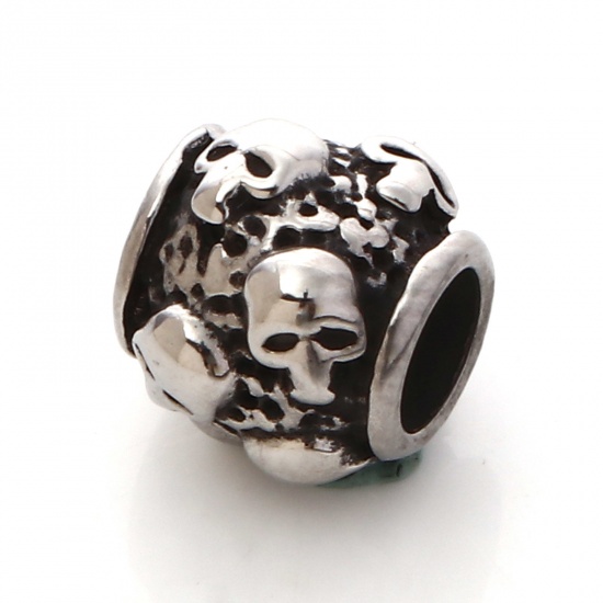 Immagine di 304 Acciaio Inossidabile Halloween Perline Tamburo Argento Antico Cranio 10mm x 8.5mm, 1 Pz
