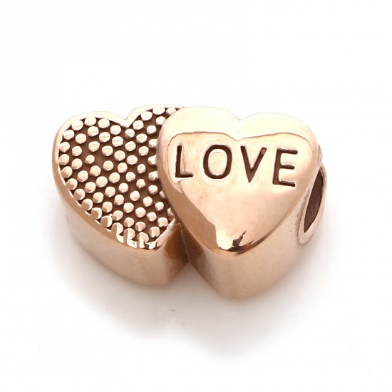 Picture of 304 Stainless Steel Beads Heart Rose Gold Message " LOVE " 15mm x 10mm, 1 Piece