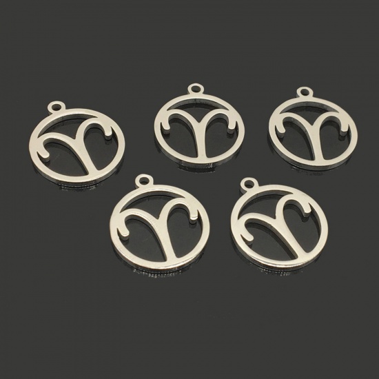 Bild von 202 Edelstahl Charms Rund Silberfarbe Sternbild Widder Hohl 18mm x 16mm, 5 Stück