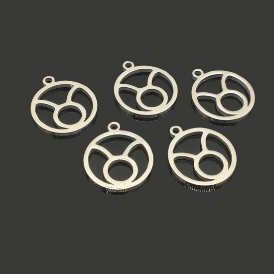 Bild von 202 Edelstahl Charms Rund Silberfarbe Sternbild Stier Hohl 18mm x 16mm, 5 Stück