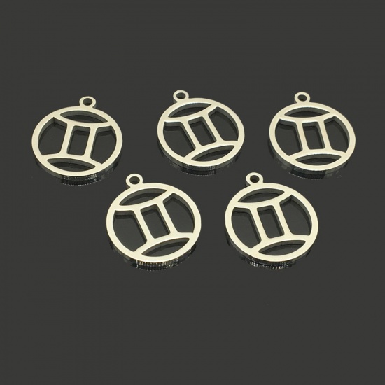 Bild von 202 Edelstahl Charms Rund Silberfarbe Sternbild Zwillinge Hohl 18mm x 16mm, 5 Stück