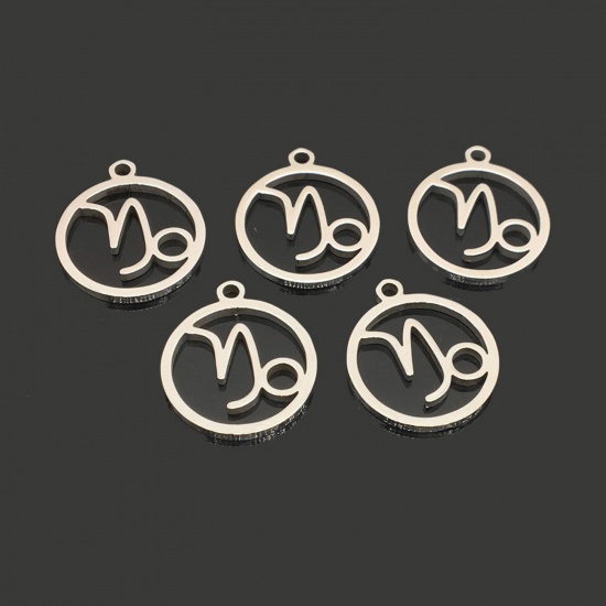 Bild von 202 Edelstahl Charms Rund Silberfarbe Sternbild Steinbock Hohl 18mm x 16mm, 5 Stück