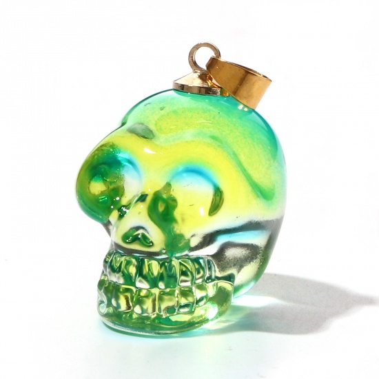Picture of Lampwork Glass Halloween Pendants Green Skull 3D 3.2cm x 1.9cm, 1 Piece