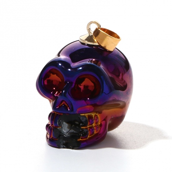 Picture of Lampwork Glass Halloween Pendants Dark Purple Skull 3D 3.2cm x 1.9cm, 1 Piece