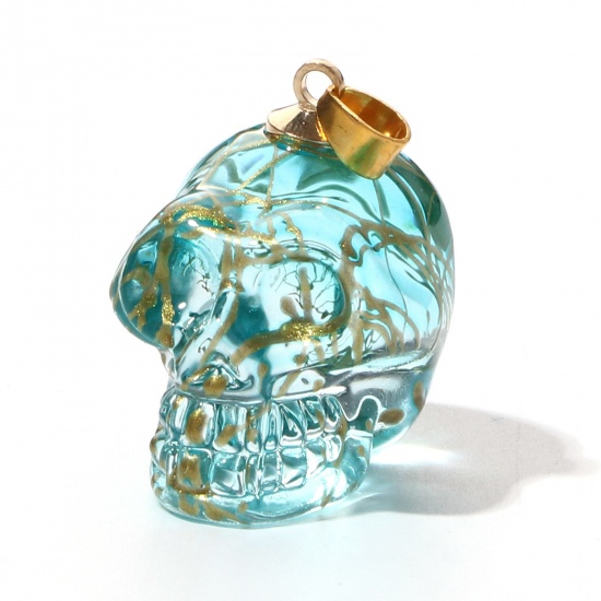 Picture of Lampwork Glass Halloween Pendants Light Blue Skull 3D 3.2cm x 1.9cm, 1 Piece