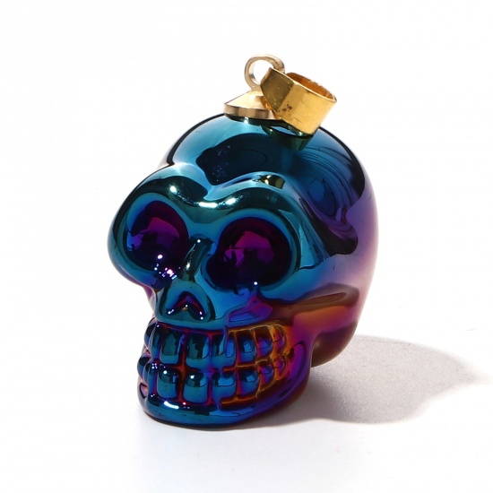 Picture of Lampwork Glass Halloween Pendants Dark Blue Skull 3D 3.2cm x 1.9cm, 1 Piece